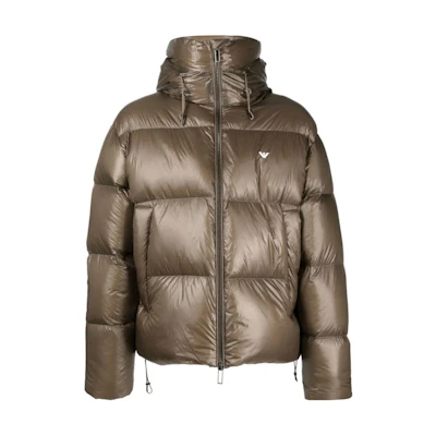 Emporio Armani FW23 Brown Hooded Zip-Up Down Jacket for Men 6R1B97-1NKZZ-0440