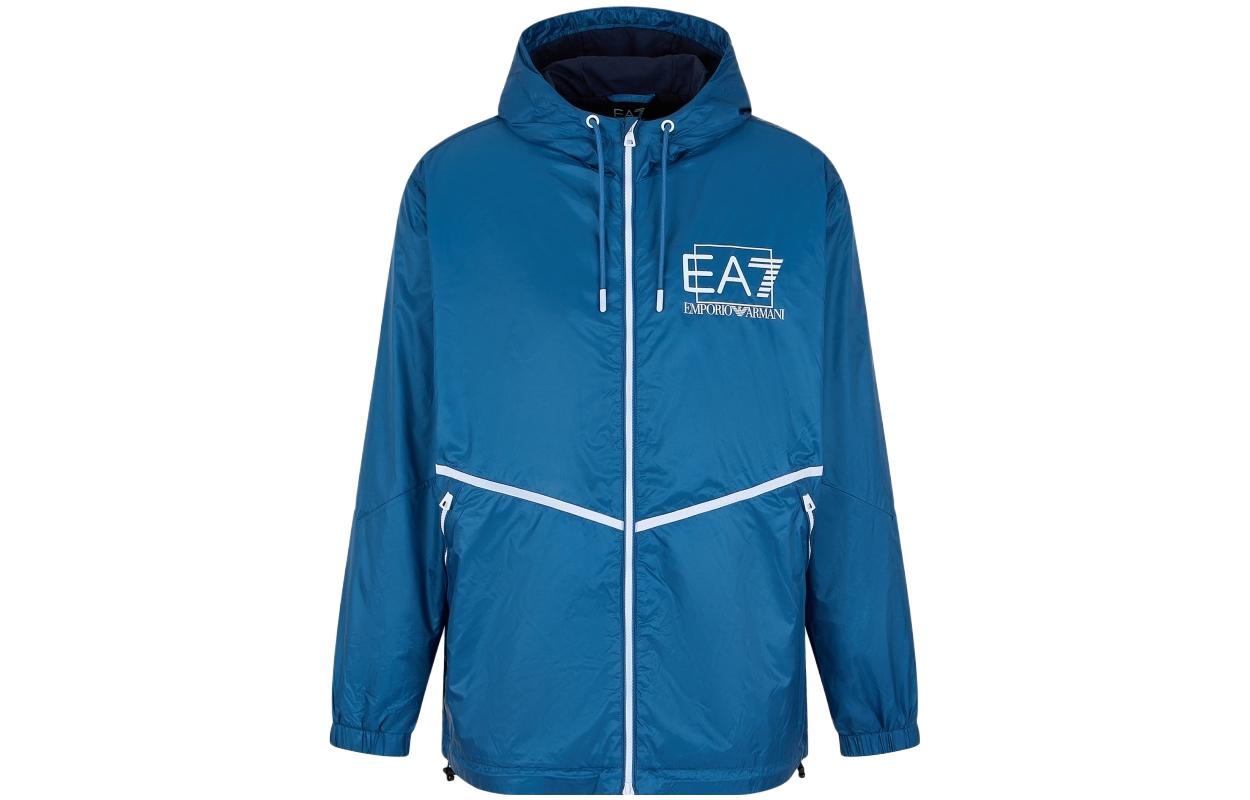 Emporio Armani FW23 EA7 Letter Print Hooded Zip Jacket Blue 3RPB01-PN5ZZ-1534