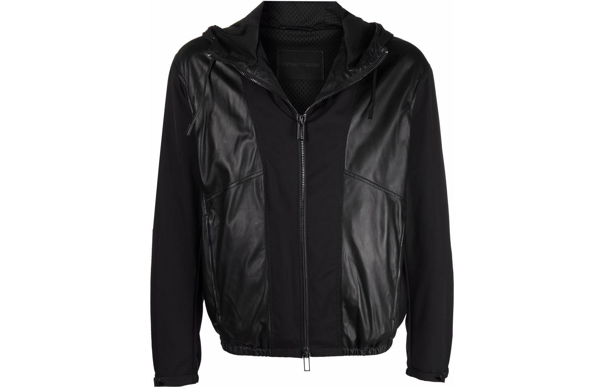Emporio Armani FW23 Full-Zip Leather Panel Hooded Jacket Black I1R01P-I1P20-999