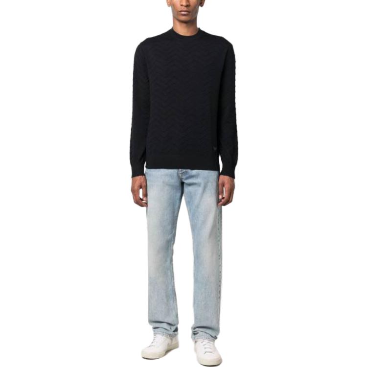 Lookbook EMPORIO ARMANI FW23 Sweater Pria Rajut Motif Herringbone Biru 6R1MX9-1MCWZ-F979