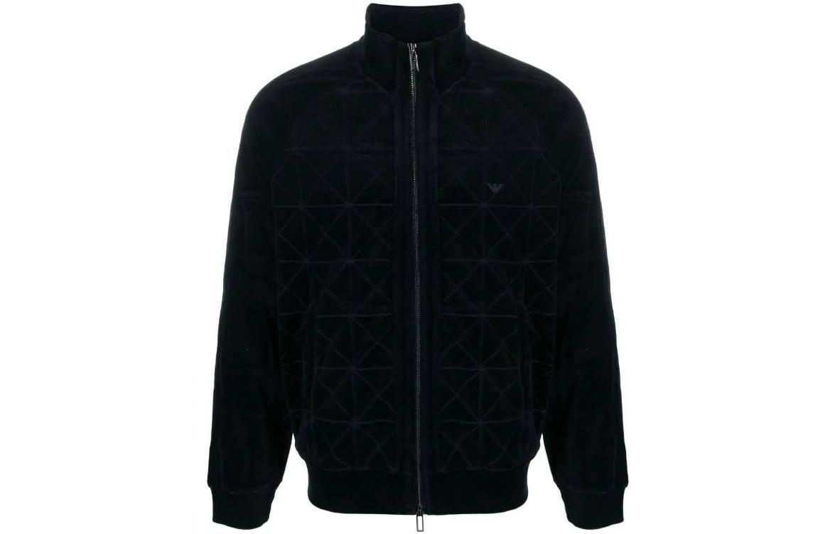 Emporio Armani FW23 Logo Plaid Stand Collar Zip Jacket Navy Blue Men’s 6R1MG3-1JJWZ-09S2