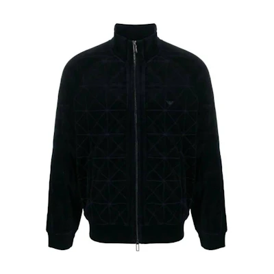 Emporio Armani FW23 Logo Plaid Stand Collar Zip Jacket Navy Blue Men’s 6R1MG3-1JJWZ-09S2