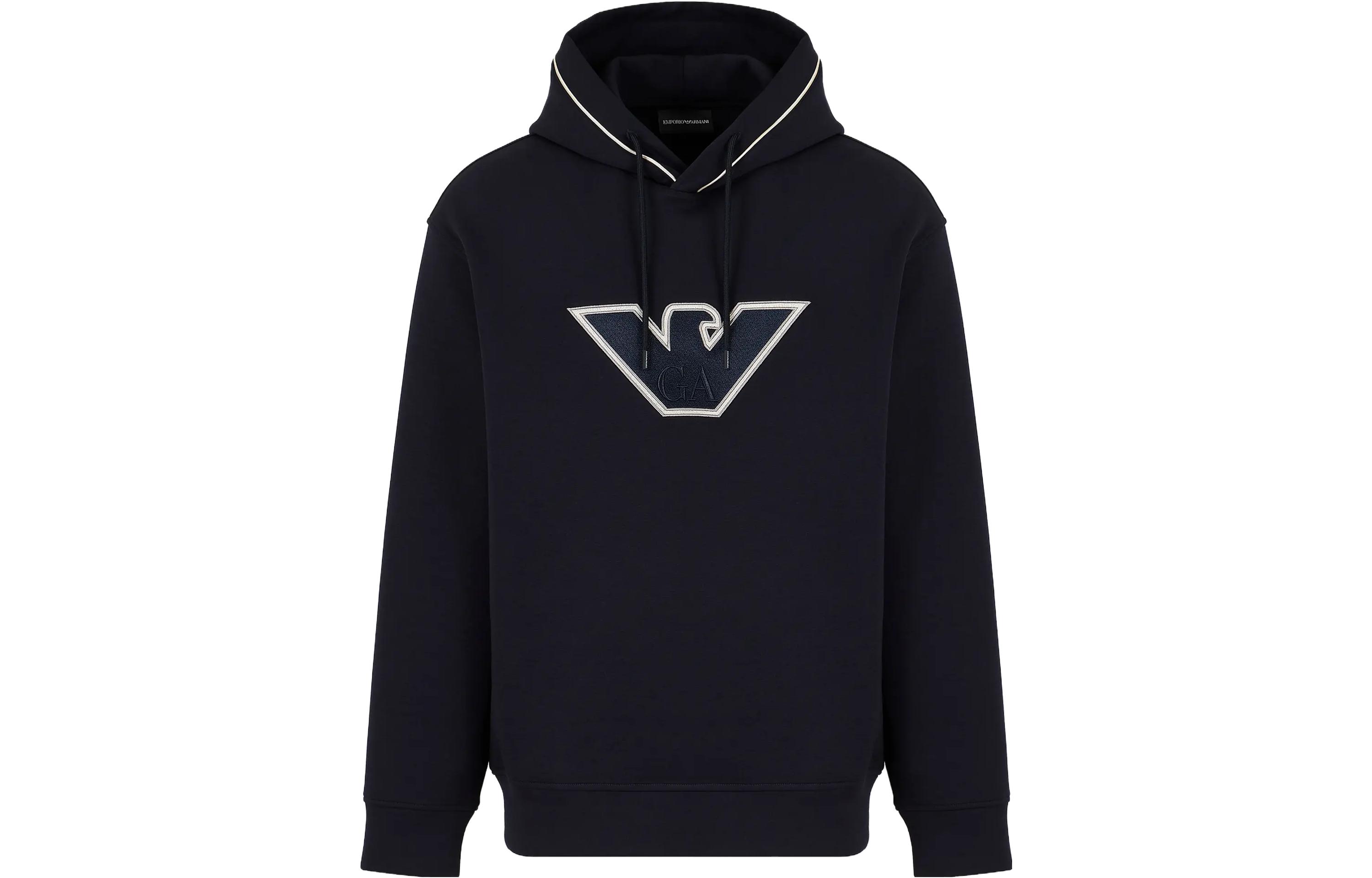 EMPORIO ARMANI FW23 Solid Logo Embroidered Drawstring Sweatshirt Men Navy 6R1ME5-1JHSZ-09Q5
