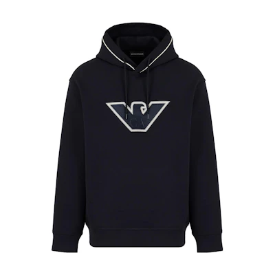 EMPORIO ARMANI FW23 Solid Logo Embroidered Drawstring Sweatshirt Men Navy 6R1ME5-1JHSZ-09Q5