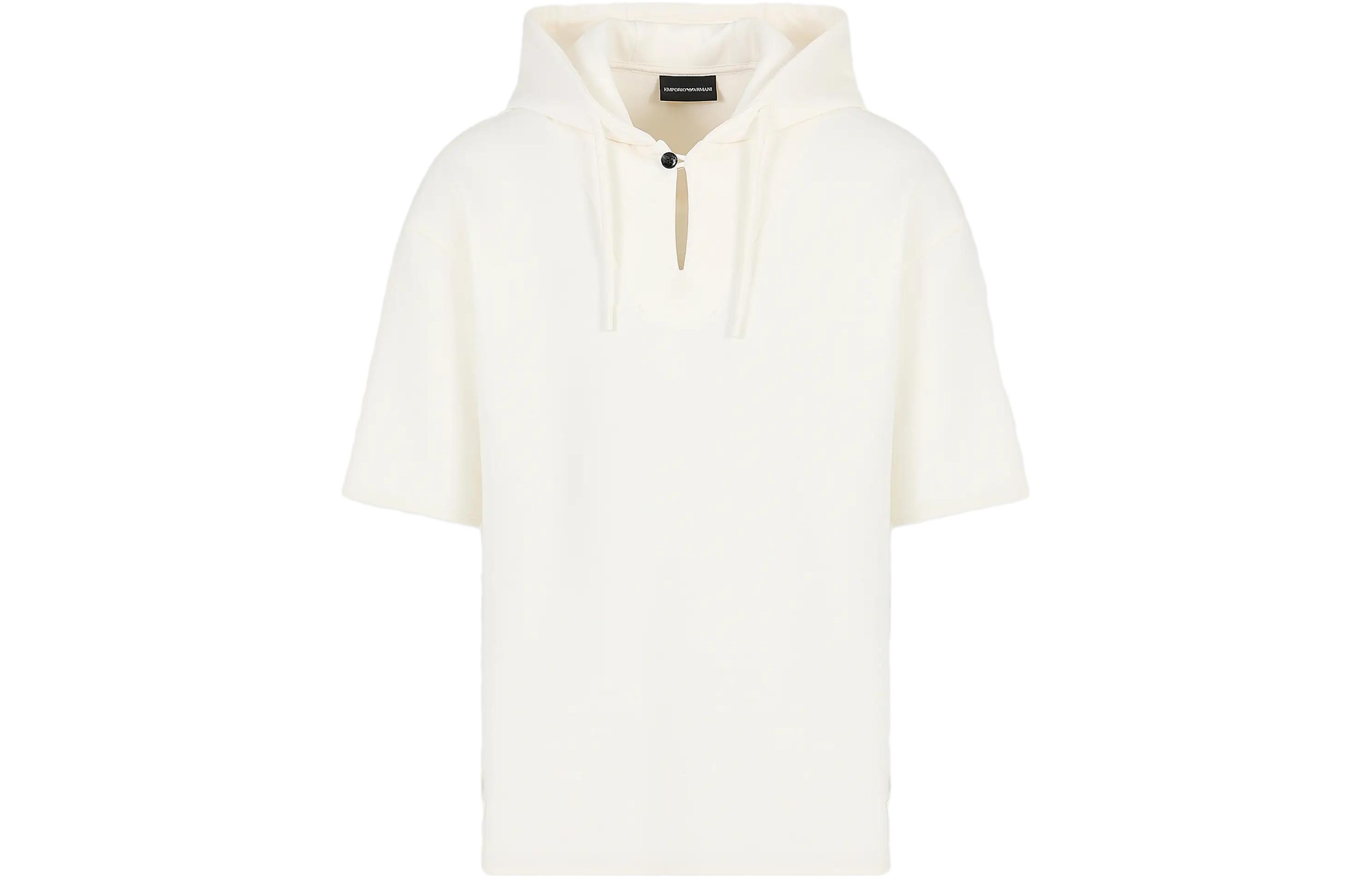 Emporio Armani FW23 Warm White Short-Sleeve Hoodie with Drawstring 6R1MBY-1JHSZ-0101
