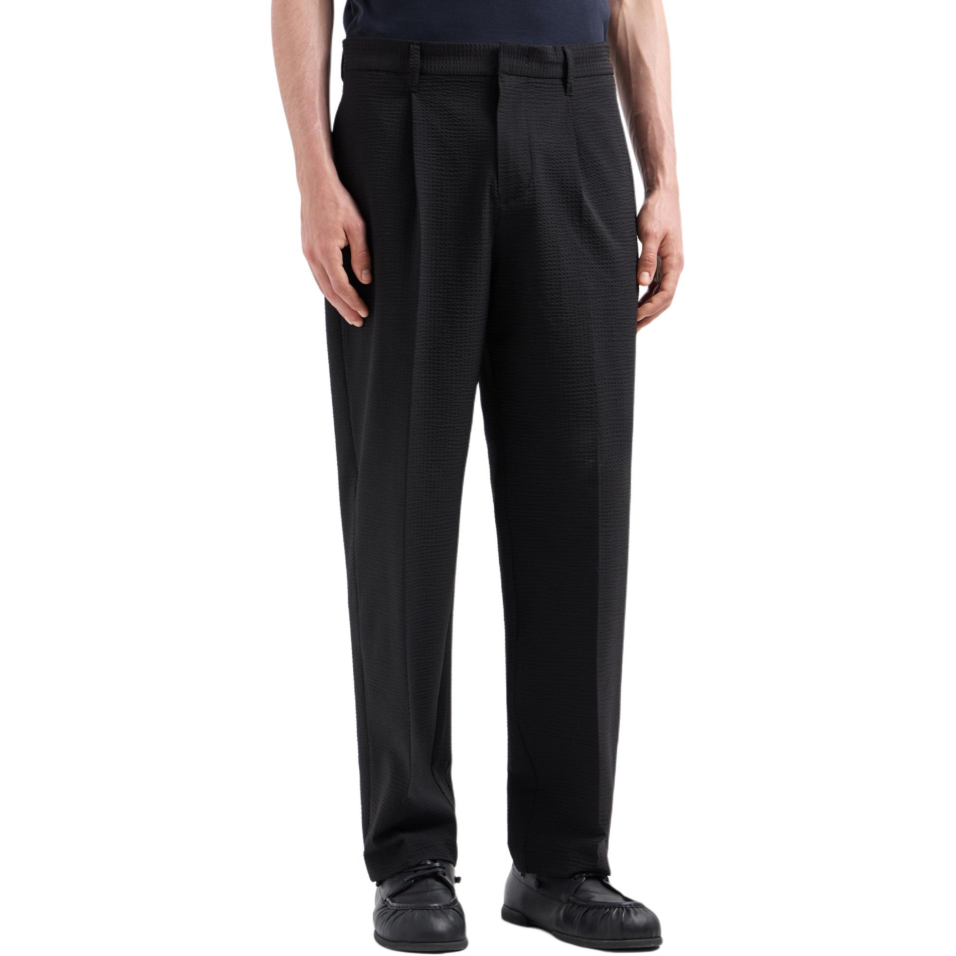 Shop EMPORIO ARMANI FW24 黑色弹力褶皱拉链休闲裤 6D1PH9-1NSCZ-0999