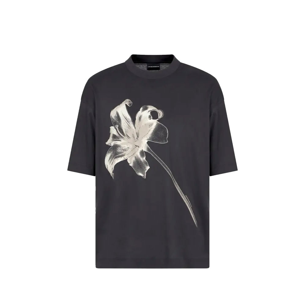 EMPORIO ARMANI FW24  Black Floral Print Crewneck T-Shirt. EM00146-0AF1001-7U8168
