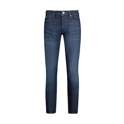 EMPORIO ARMANI FW24 Blue Mid-Rise Straight-Leg Logo Patch Jeans. 6D1J75-1D89Z-0941