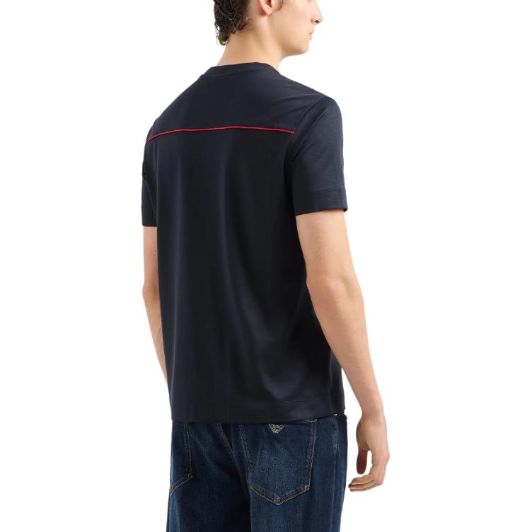 Shop EMPORIO ARMANI FW24  Navy Blue Graphic Embroidered Crewneck T-Shirt EM000131-AF10761-UB118