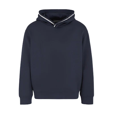 Emporio Armani FW24 Navy Blue Logo Striped Knit Hoodie. 6D1M99-1JRRZ-0920