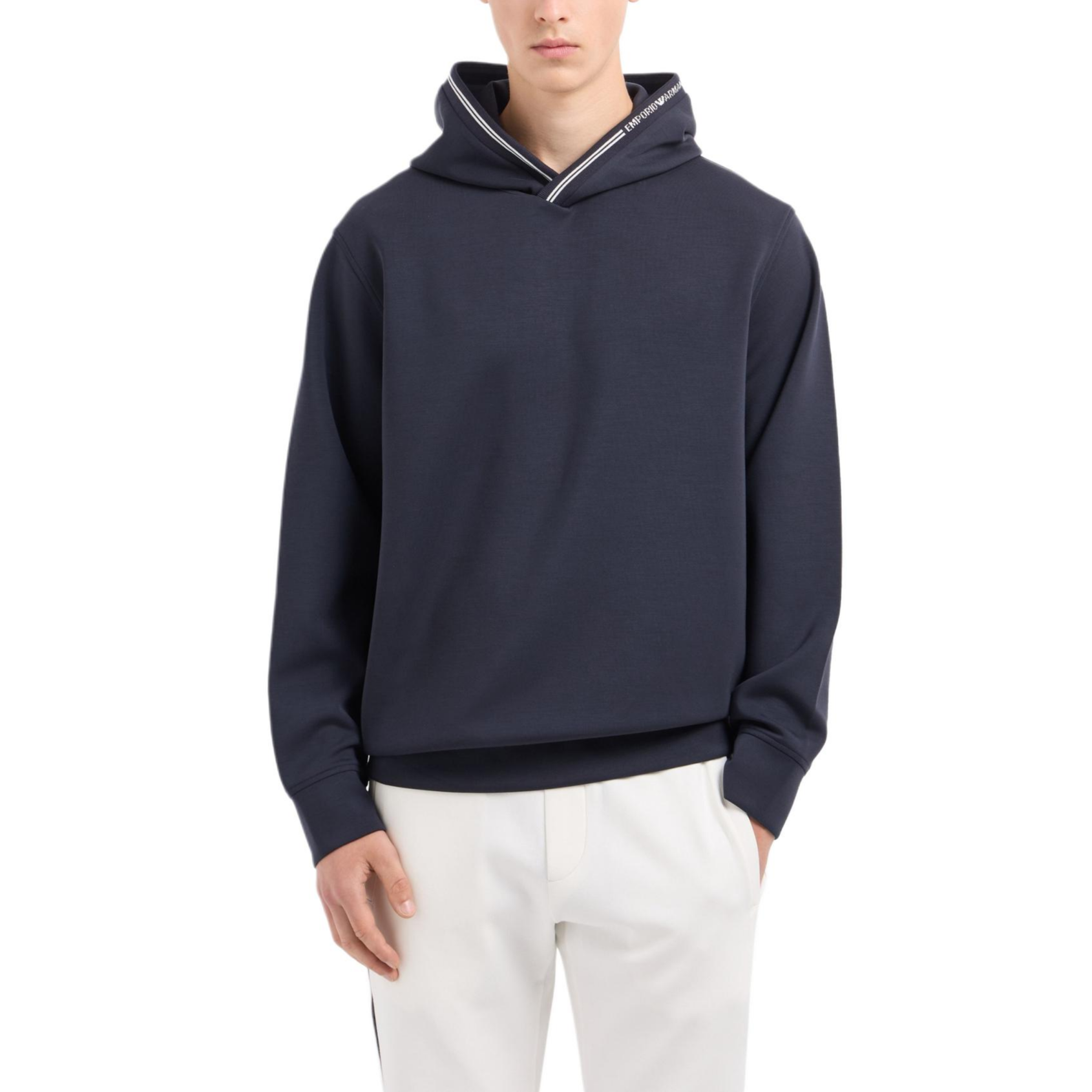 Shop エンポリオアルマーニ FW24 ネイビーブルー ロゴストライプ ニットフーディー 6D1M99-1JRRZ-0920