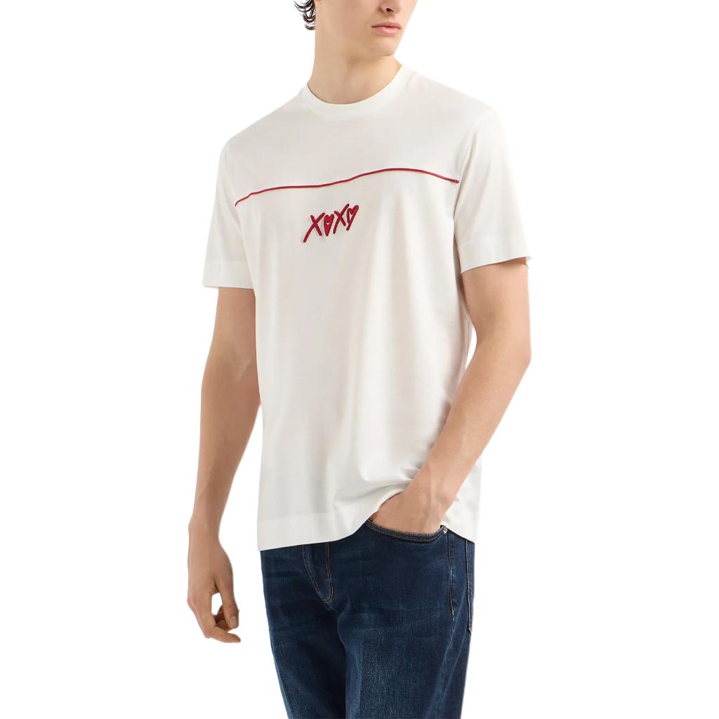 Purchase EMPORIO ARMANI FW24  White Crewneck Embroidered Pattern T-Shirt. EM000131-AF10761-U0003