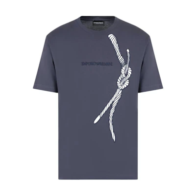 Emporio Armani FW24 Navy Blue Logo Embroidered Short Sleeve T-Shirt. 6D1T6U-1J7FZ-0935