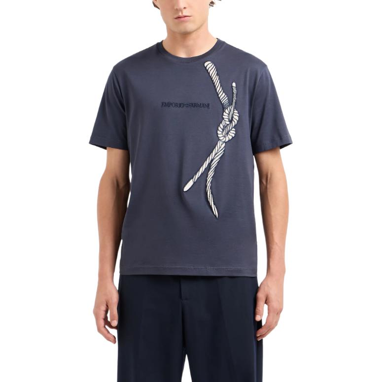 Shop Camiseta Emporio Armani FW24 Azul Marino con Logo Bordado de Manga Corta. 6D1T6U-1J7FZ-0935