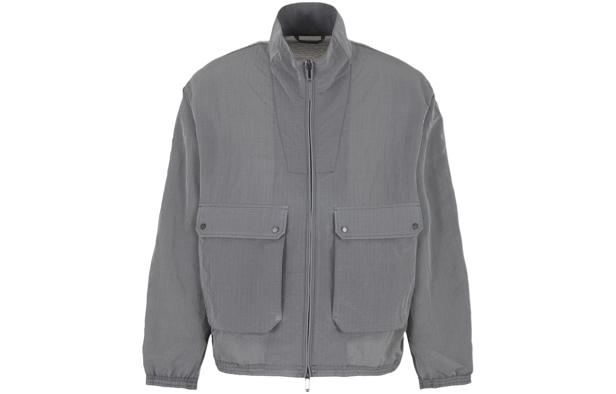 Emporio Armani Gray Solid Zip-Up Jacket with Pockets and Stand Collar 3D1BG7-1NJUZ1-0653