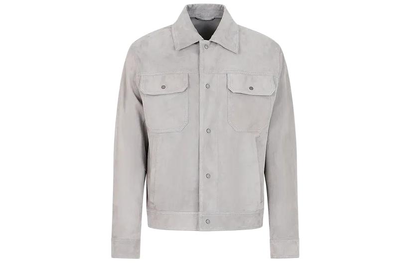 Emporio Armani Gray Suede Shirt Jacket with Front Pocket and Button Closure E31R70-F1P70-1605