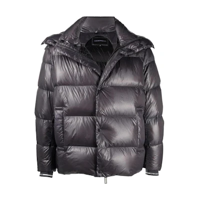 Emporio Armani Grey Solid Color Hooded Down Jacket with Zipper. 6K1B88-1NPDZ-0633
