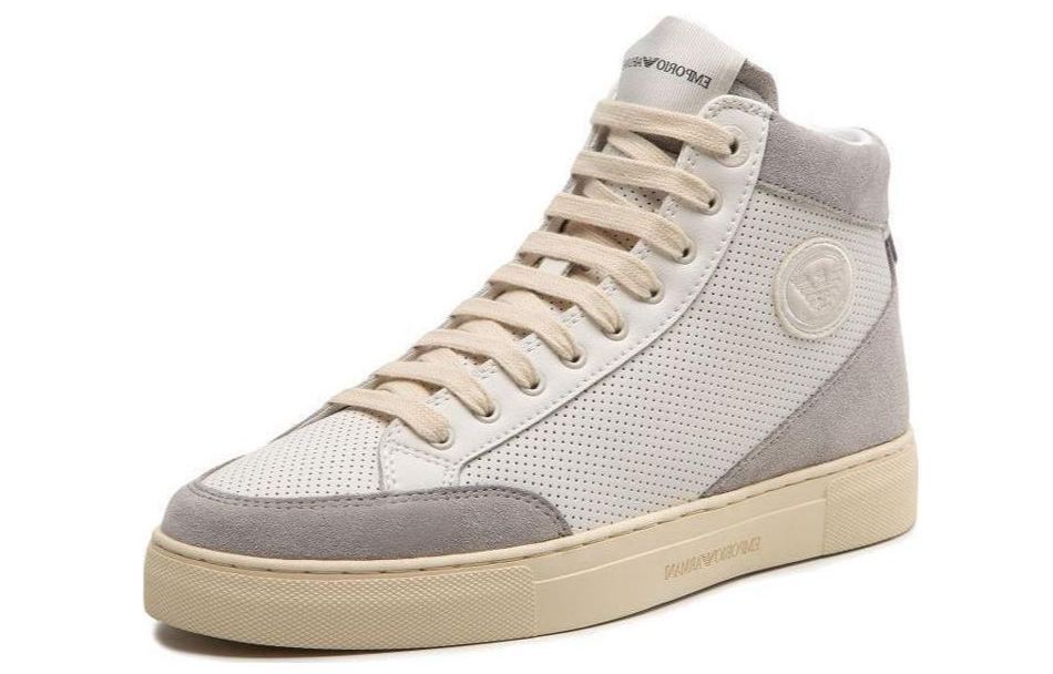 Buy EMPORIO ARMANI阿瑪尼 皮革 鷹標休閒 高幫 板鞋 男款 白灰色