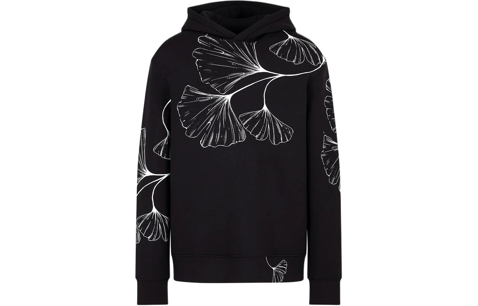 Emporio Armani Leaf Print Loose Fit Hoodie Black Long Sleeve Sweatshirt 3D1M6V-1JV9Z-1F012