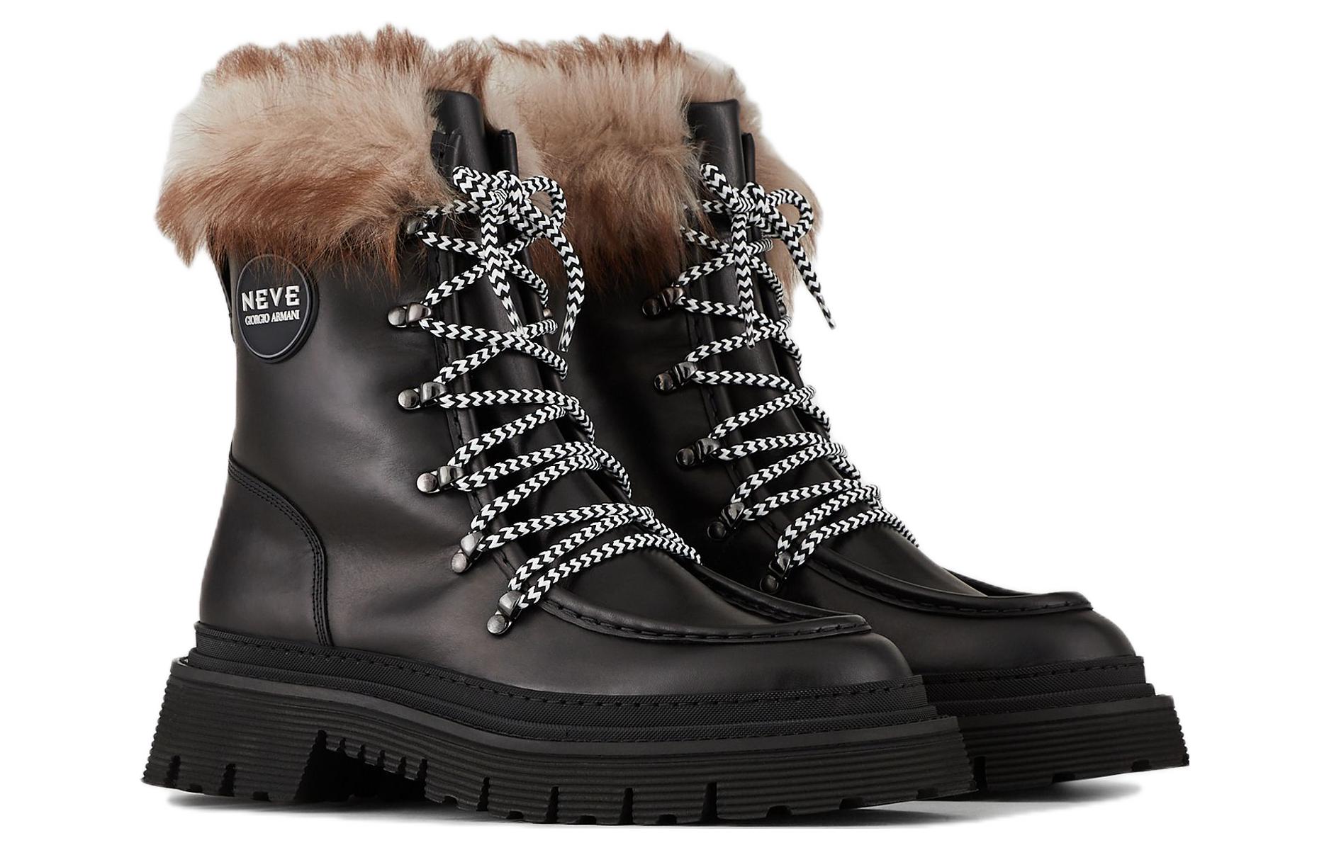 Emporio Armani Leather Fur-Trim Lace-Up Boots 'Black' 圖 2