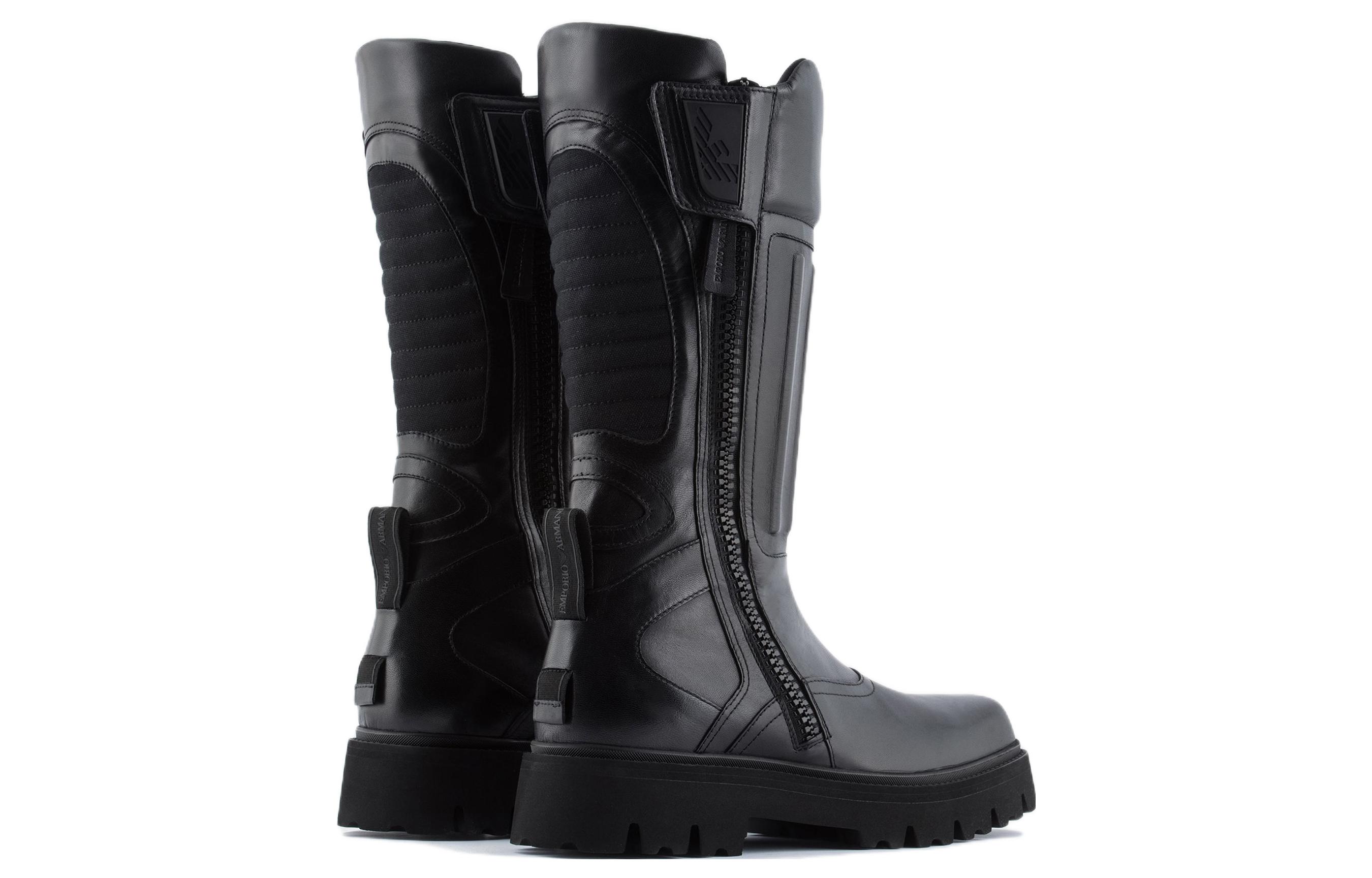 Shop EMPORIO ARMANI 阿瑪尼 牛皮 方頭拉鍊 時尚短靴 黑色