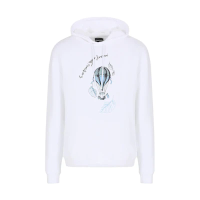 Emporio Armani Letter Print Drawstring Hoodie White Long Sleeve Sweatshirt 6R1M8P1-J7DZ1-0111