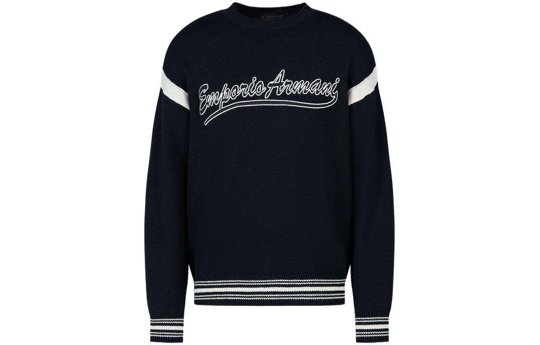 Emporio Armani Men’s FW23 Logo Stripe Knit Pullover Sweater Navy Blue. 6R1MXA-1MFUZ-0920