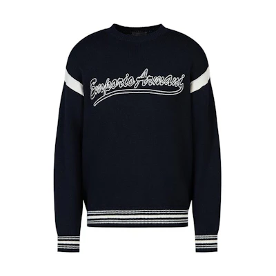 Emporio Armani Men’s FW23 Logo Stripe Knit Pullover Sweater Navy Blue. 6R1MXA-1MFUZ-0920