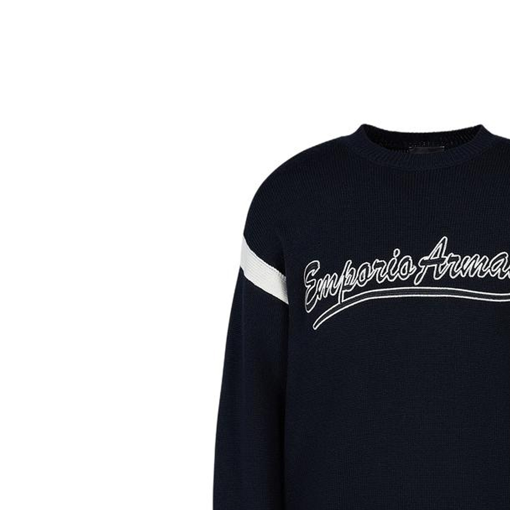 Lookbook Emporio Armani Suéter Tejido Hombre FW23 Azul Marino con Raya y Logo. 6R1MXA-1MFUZ-0920