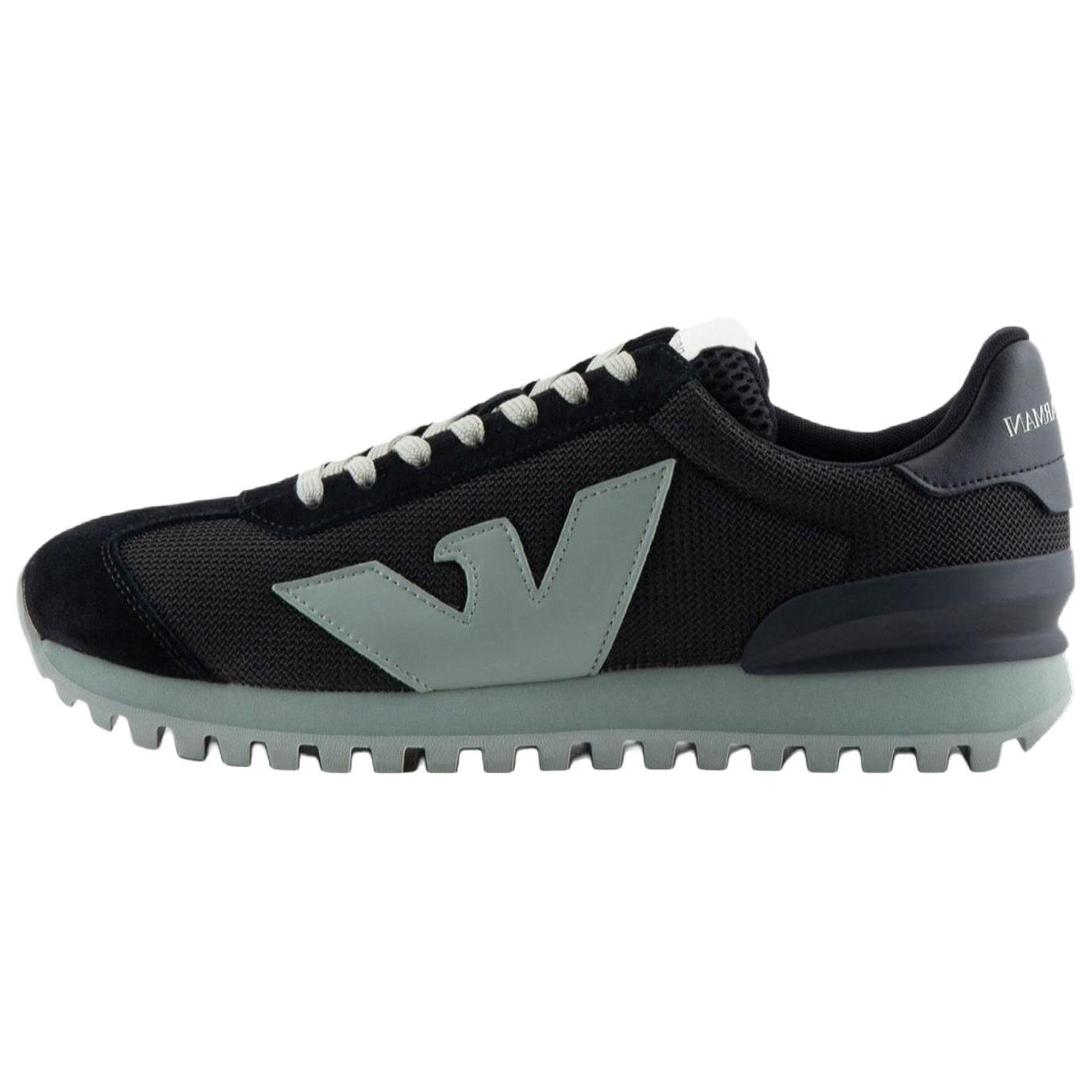 Emporio Armani Mesh Leather Casual Low-Top Sneakers Men’s Black Green. X4X583XN647T431