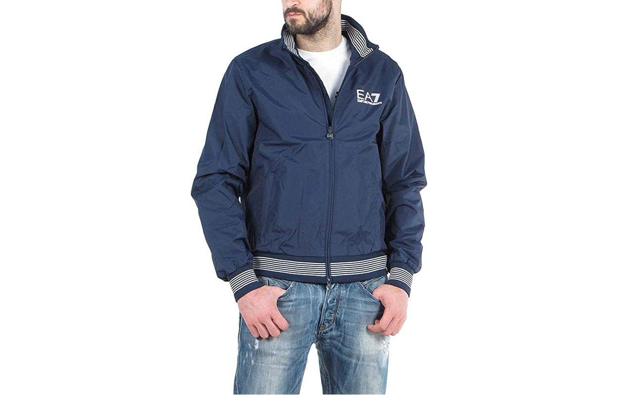 Emporio Armani Navy Blue Stripe Logo High Neck Zip-Up Jacket 271187-4P151-06935