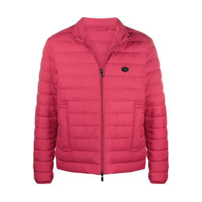 EMPORIO ARMANI Red Full-Zip Logo Down Jacket with Stand Collar. 8N1BQ2-1NLRZ-0357