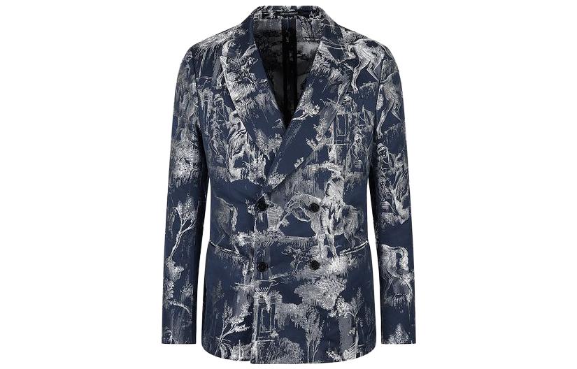 Emporio Armani Slim Fit Blue Double-Breasted Jacket with Print Design D41G46-D1210-1918