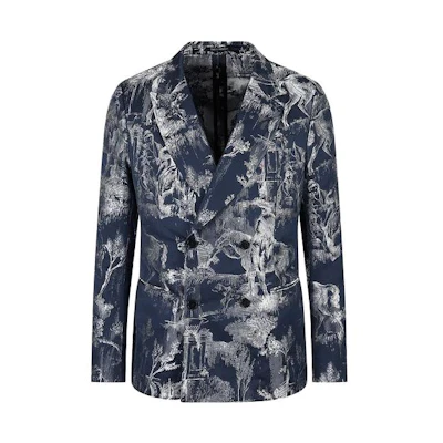 Emporio Armani Slim Fit Blue Double-Breasted Jacket with Print Design D41G46-D1210-1918