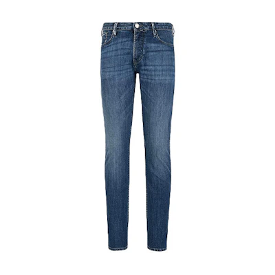 EMPORIO ARMANI Slim Fit Blue Jeans with Distressed Eagle Logo. 8N1J06-1D5QZ-0942