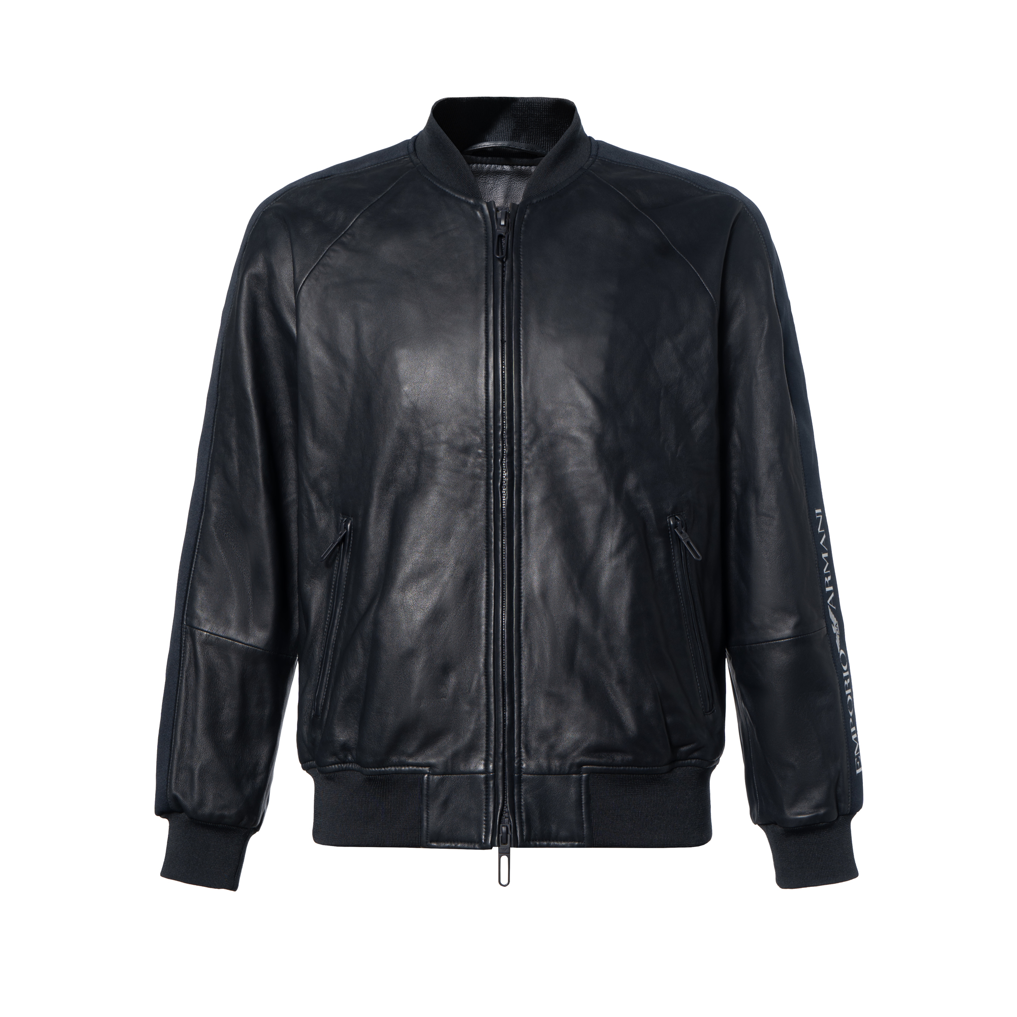 Emporio Armani Solid Color Double-Zip Leather Jacket - Dark Blue 41B5BP-41P5B-9220