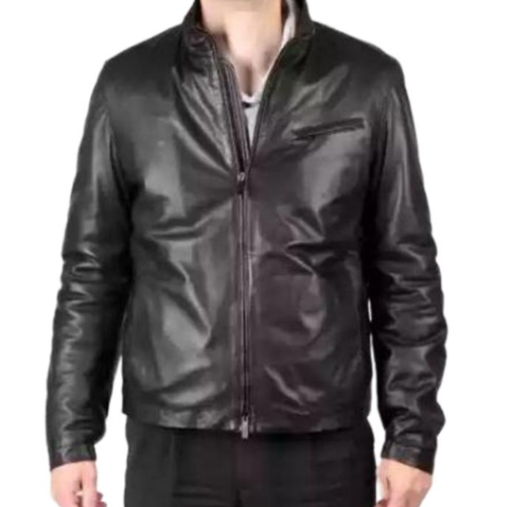 Emporio Armani Solid Color Leather Long-Sleeve Jacket MCR01P-MCP03-001
