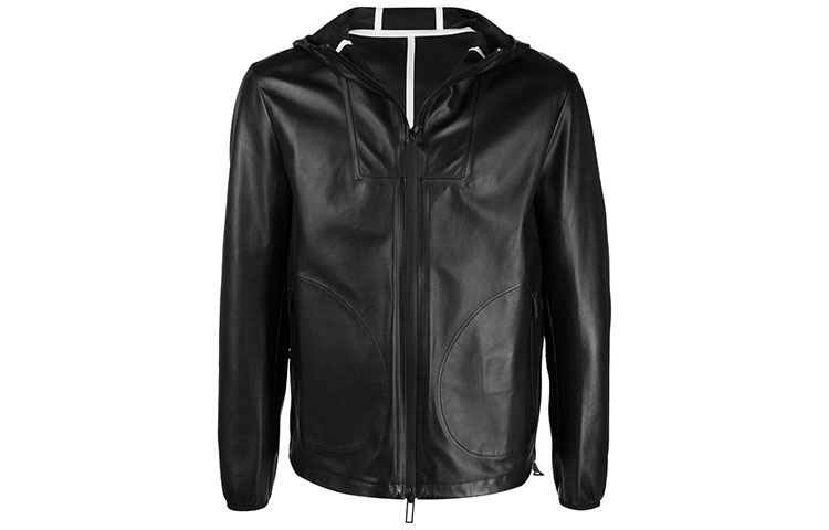 Emporio Armani SS21 Black Leather Hoodie Jacket with Zipper A1R02P-A1P0-2999