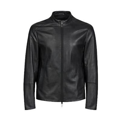 Emporio Armani SS21 Black Leather Jacket with Logo and Zipper Design 51B57P-51P57-999