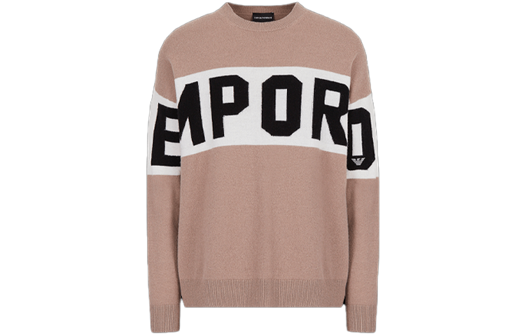 EMPORIO ARMANI SS22  Logo Jacquard Colorblock Knit Sweater Khaki. 3L1MT21MD1Z-0431