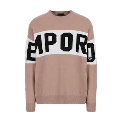 EMPORIO ARMANI SS22 Logo Jacquard Colorblock Knit Sweater Khaki. 3L1MT21MD1Z-0431