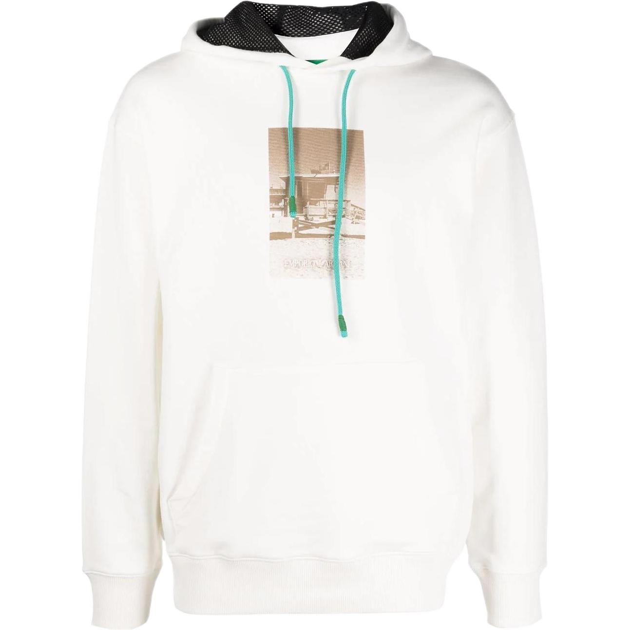 Buy EMPORIO ARMANI SS22  White Beach Hut Print Hoodie. 3L1M7C-1JVHZ-0102