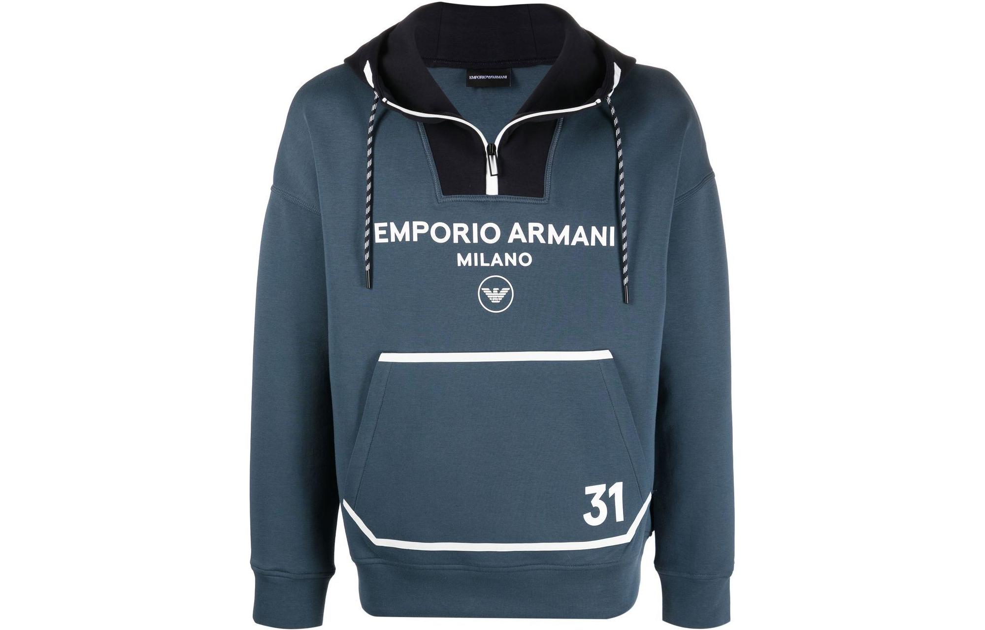 Emporio Armani SS22 Blue Dual-Tone Logo Print Hoodie for Men 3L1MCN-1JHSZ-F987