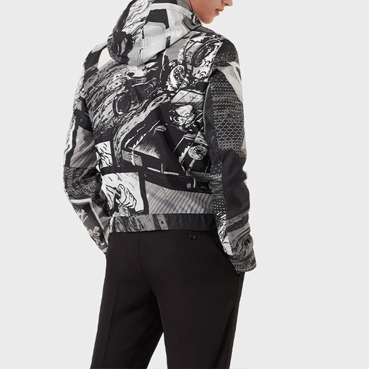 Shop Emporio Armani SS22 Racer Capsule Jaket Bertudung Cetak Hitam Lelaki I1R410-I1018-991
