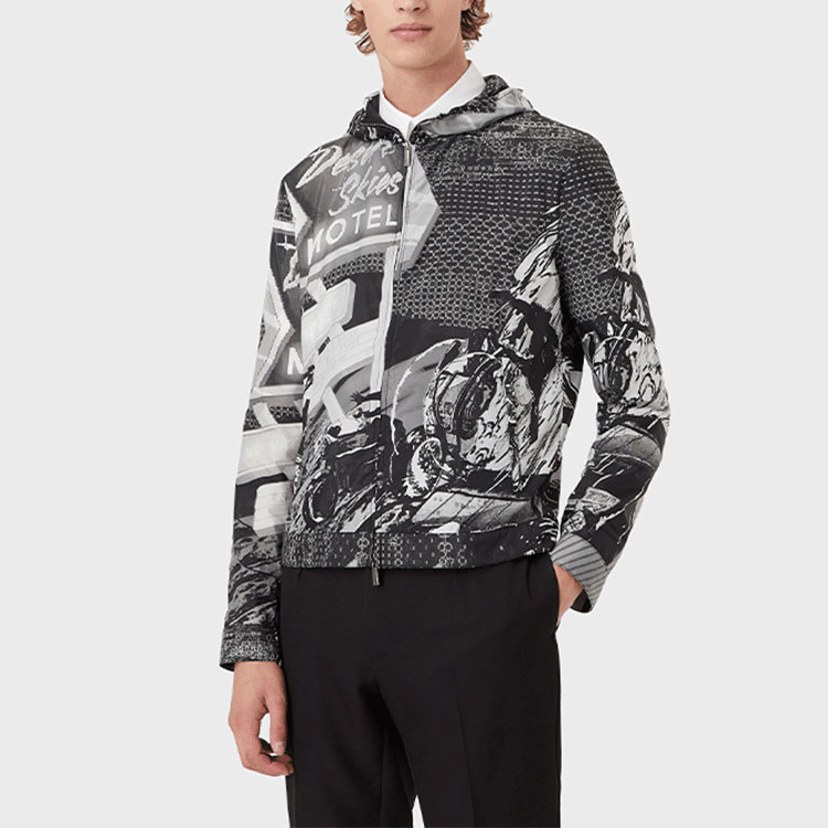 Purchase Emporio Armani SS22 Racer Capsule Jaket Bertudung Cetak Hitam Lelaki I1R410-I1018-991