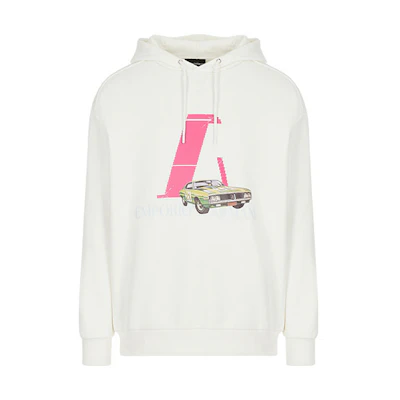 EMPORIO ARMANI SS22 Racing Capsule Car Print Hoodie Off-White. 3L1M8Q-1JW3Z-0102