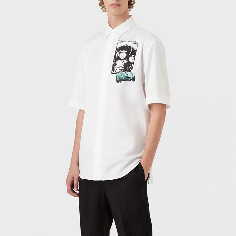 Shop Emporio Armani SS22 Racing Capsule Logo Print Loose White Short Sleeve Shirt Men I1CC3I-I128C-103