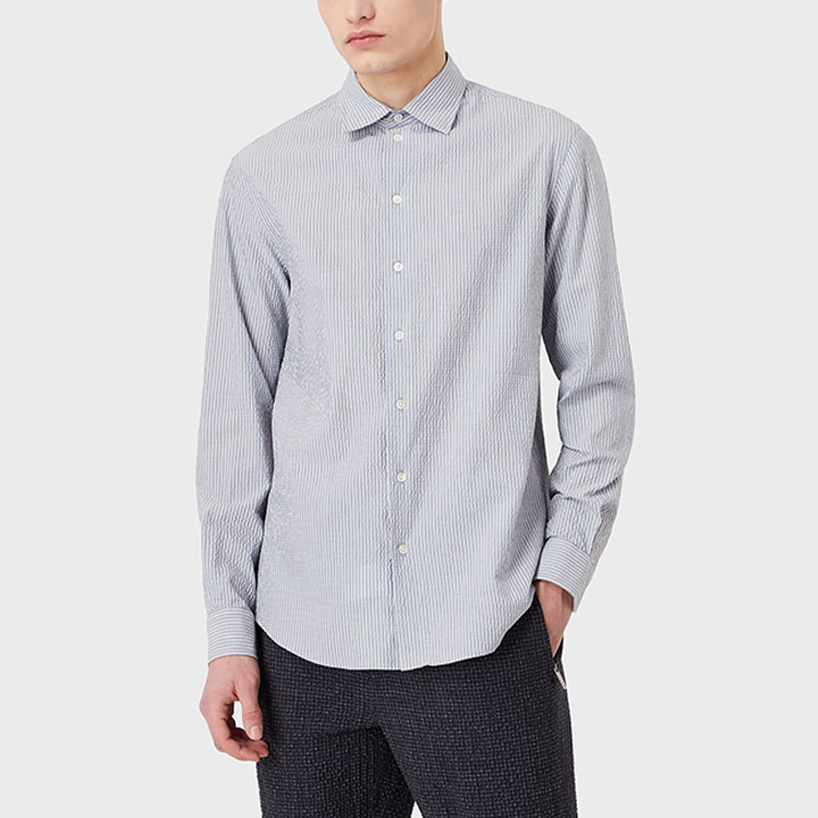Shop Emporio Armani SS22 Kemeja Garis Seersucker Lengan Panjang Biru I1SM0L-I11F6-021