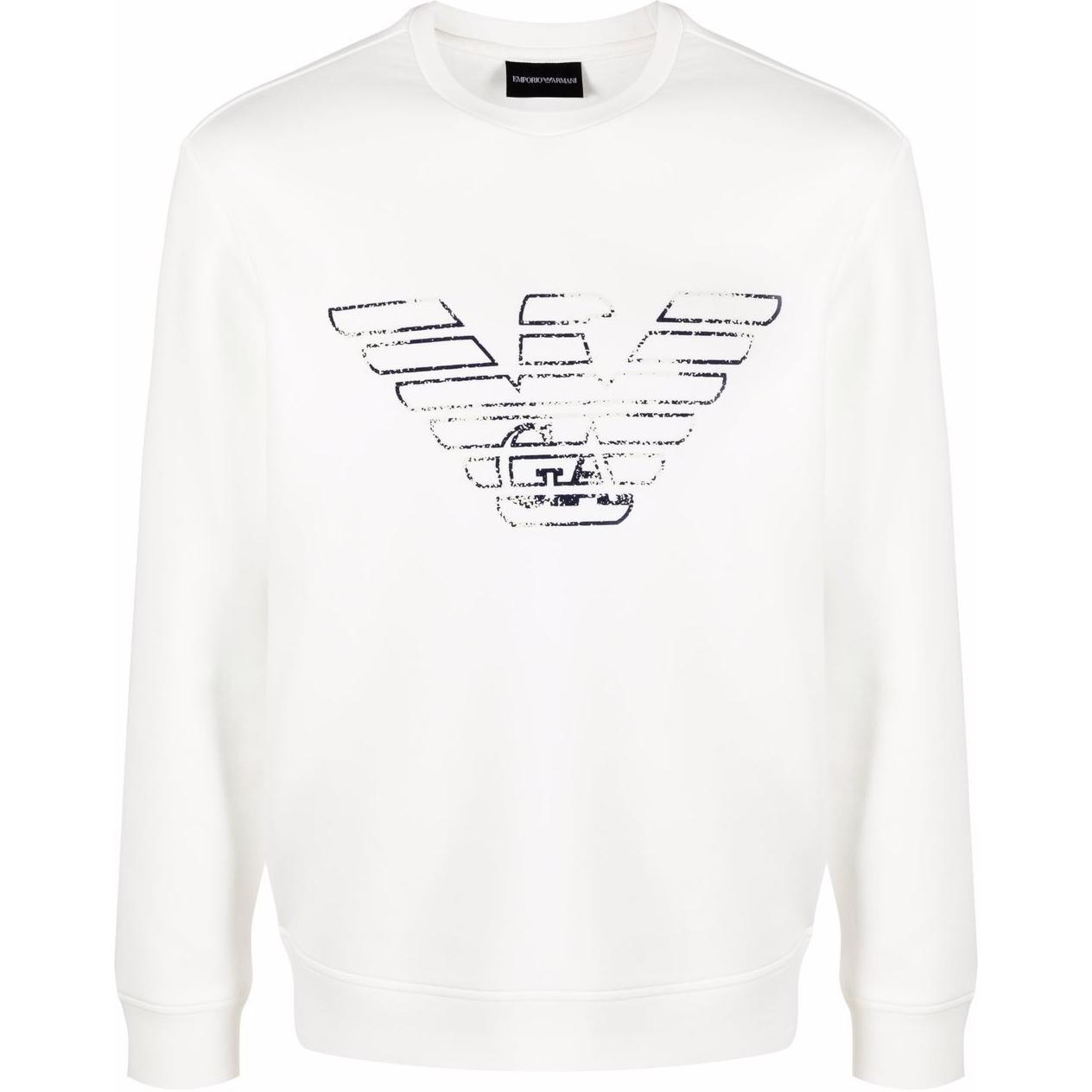 Emporio Armani SS22 White Distressed Logo Print Long Sleeve Sweatshirt Mens 3L1MFG-1JHS-Z0150