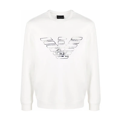 Emporio Armani SS22 White Distressed Logo Print Long Sleeve Sweatshirt Mens 3L1MFG-1JHS-Z0150